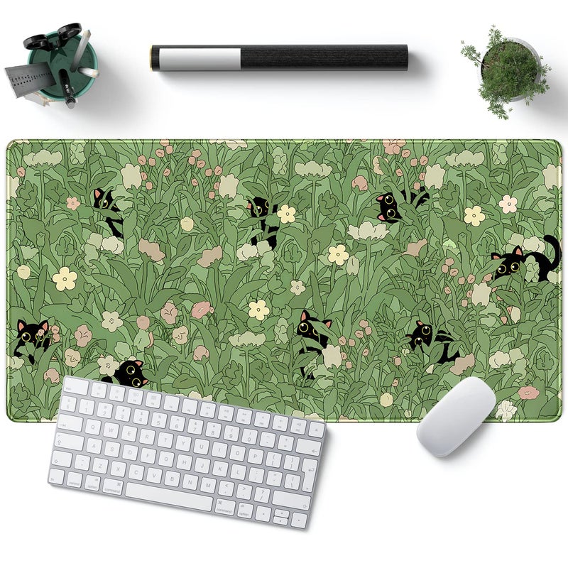 YKJWW Green Desk Mat XL Cat Cute Plant Cool Desk Pad Keyboard Mat Kawaii Black Cat Flower Mouse Pad Green Desk Mat Desk Decor with Stitched Edges Non-Slip Large Computer Mat 31.5x15.7in - Image 1