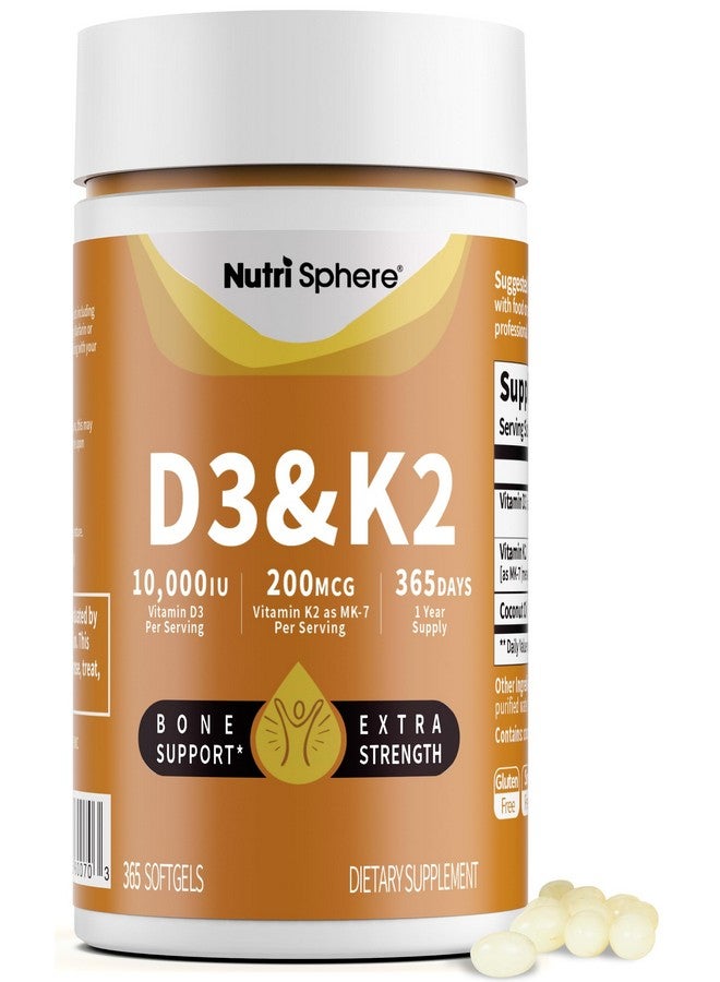 Generic NutriSphere Vitamin D3 & K2 (MK-7) - 10,000 IU + 200 mcg Supplement D&K, Easy to Swallow, Supports Calcium Absorption - 365 Softgels (1 Year Supply)  - Image 1