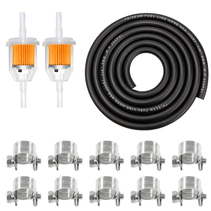 Tnisesm 1/4(6MM) Inch ID Fuel Line Kits, 2 Meter / 6-Foot Fuel Line + 2Pcs 1/4 Inch X 5/16 Inch Gas Inline Fuel Filters with Magnet +10 Pcs 13/32''-15/32'' Mini Fuel Hose Clamps Adjustable