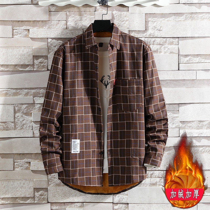 2023 fleece-lined thick thermal shirt mens plaid casual shirt brushed youth Korean-style slim-fit fleece shirt 9968 Brown [Velvet]]