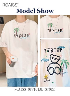 roaiss Men's Fashion Round Neck Printed T-Shirt Men's Loose T-Shirt Basic Bottom Short Sleeves Men's Soft Skin-Friendly Moisture Absorbent Breathable Half Sleeves  - Image 4