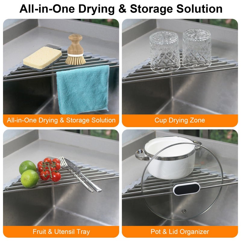 Seropy Corner Sink Caddy Triangle Dish Drying Rack for Sink Corner, Sponge Holder Roll Up Dish Drying Rack Over The Sink, Stainless Steel Kitchen Sink Organizer Drainer Mat Sponge Caddy for Counter Storage - Image 5