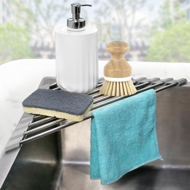 Seropy Corner Sink Caddy Triangle Dish Drying Rack for Sink Corner, Sponge Holder Roll Up Dish Drying Rack Over The Sink, Stainless Steel Kitchen Sink Organizer Drainer Mat Sponge Caddy for Counter Storage - Image 1