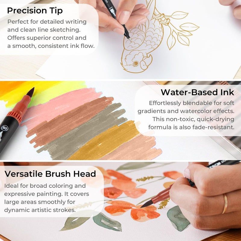 ZSCM Skin Tone Duo Tip Marker Pens, 12 Pack Fine & Brush Markers for Adult Coloring Books No Bleeding, Watercolor Skin Tone Markers for Hair and Portrait Sketch Drawing Lettering Writing Calligraphy - Image 3