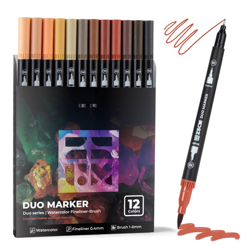 ZSCM Skin Tone Duo Tip Marker Pens, 12 Pack Fine & Brush Markers for Adult Coloring Books No Bleeding, Watercolor Skin Tone Markers for Hair and Portrait Sketch Drawing Lettering Writing Calligraphy - Image 1