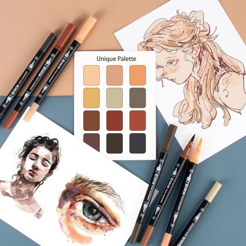 ZSCM Skin Tone Duo Tip Marker Pens, 12 Pack Fine & Brush Markers for Adult Coloring Books No Bleeding, Watercolor Skin Tone Markers for Hair and Portrait Sketch Drawing Lettering Writing Calligraphy - Image 5