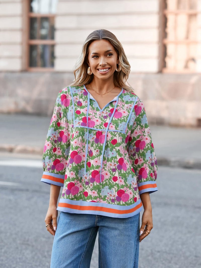 Cicy Bell Womens Floral Print Babydoll Blouse V Neck 3/4 Sleeve Peplum Tops Casual Loose Fit Boho Flowy Shirts - Image 5