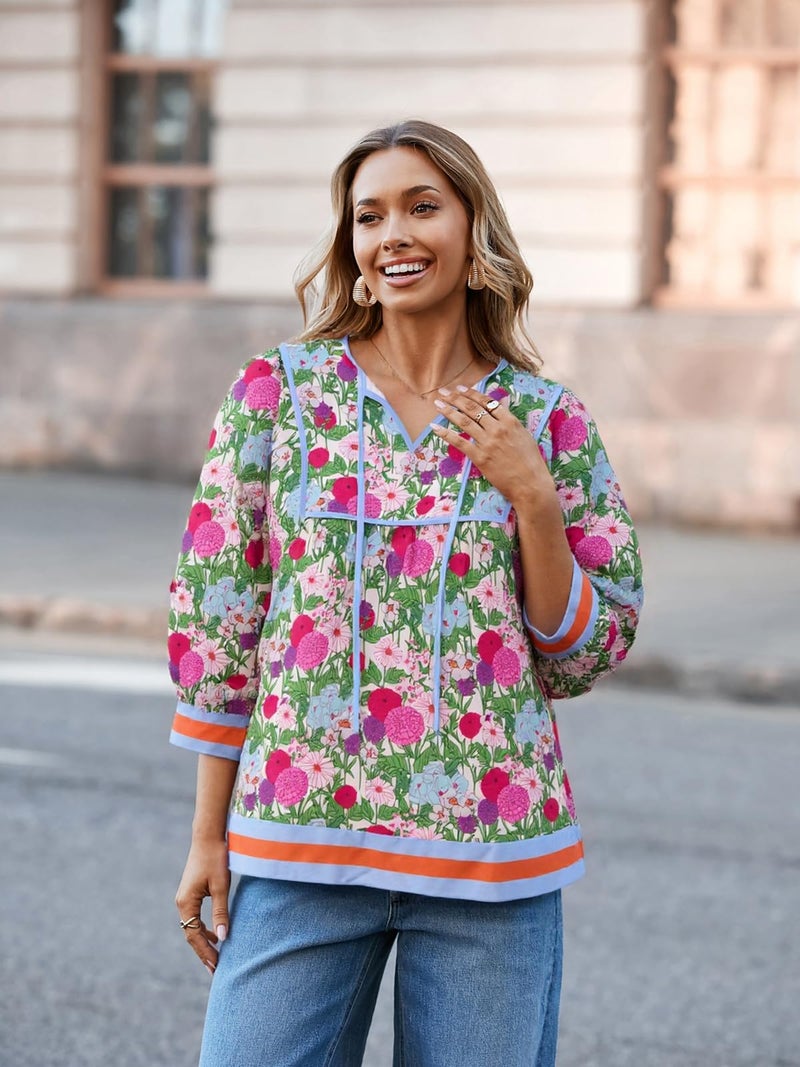 Cicy Bell Womens Floral Print Babydoll Blouse V Neck 3/4 Sleeve Peplum Tops Casual Loose Fit Boho Flowy Shirts - Image 2