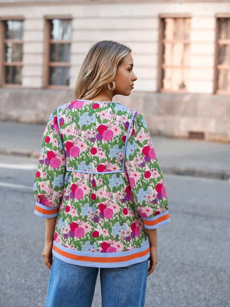 Cicy Bell Womens Floral Print Babydoll Blouse V Neck 3/4 Sleeve Peplum Tops Casual Loose Fit Boho Flowy Shirts - Image 4