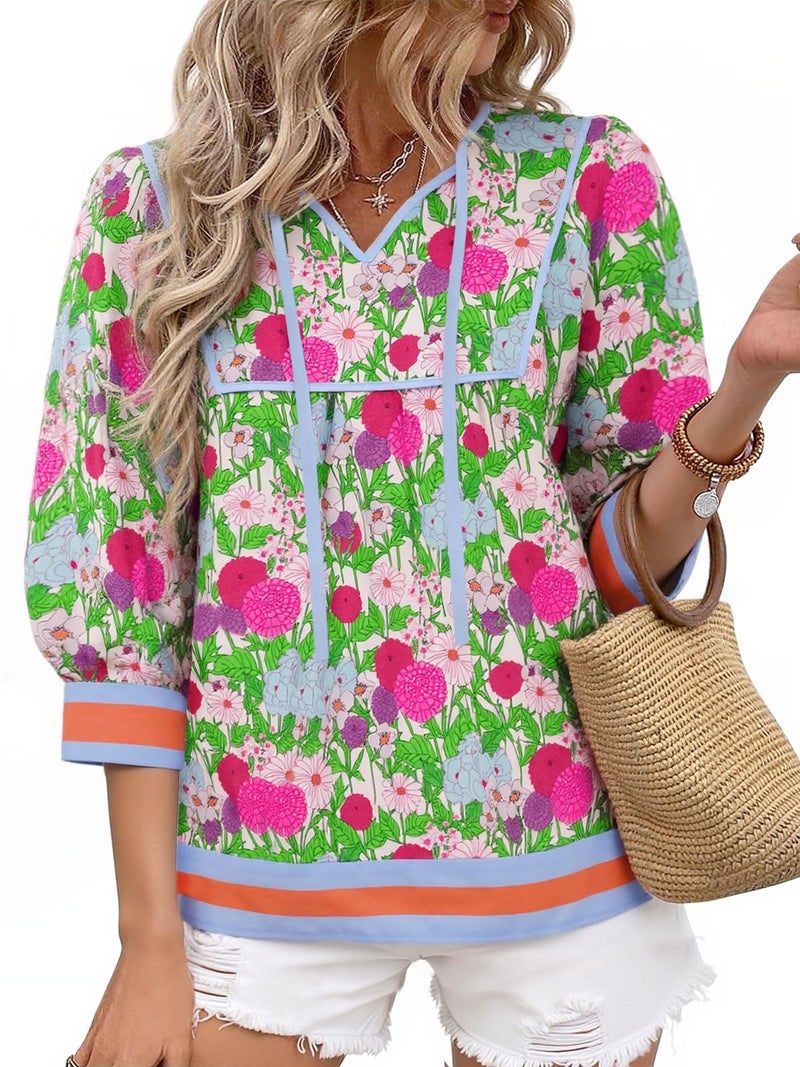 Cicy Bell Womens Floral Print Babydoll Blouse V Neck 3/4 Sleeve Peplum Tops Casual Loose Fit Boho Flowy Shirts - Image 1