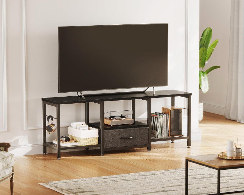 Casaottima 47" TV Stand with Open Storage Shelves for 43, 50 Inch TV, Entertainment Center with Fabric Drawers, TV Console Table with Soundbar Shelf TV Stand for Living Room Bedroom, Pure Black - Image 2