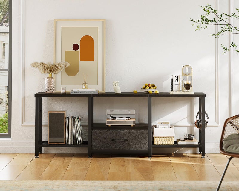 Casaottima 47" TV Stand with Open Storage Shelves for 43, 50 Inch TV, Entertainment Center with Fabric Drawers, TV Console Table with Soundbar Shelf TV Stand for Living Room Bedroom, Pure Black - Image 5