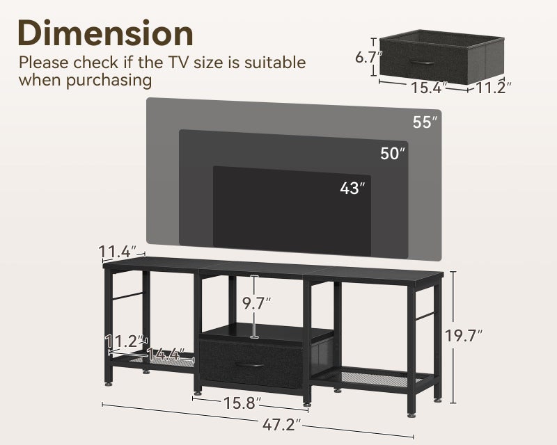 Casaottima 47" TV Stand with Open Storage Shelves for 43, 50 Inch TV, Entertainment Center with Fabric Drawers, TV Console Table with Soundbar Shelf TV Stand for Living Room Bedroom, Pure Black - Image 3