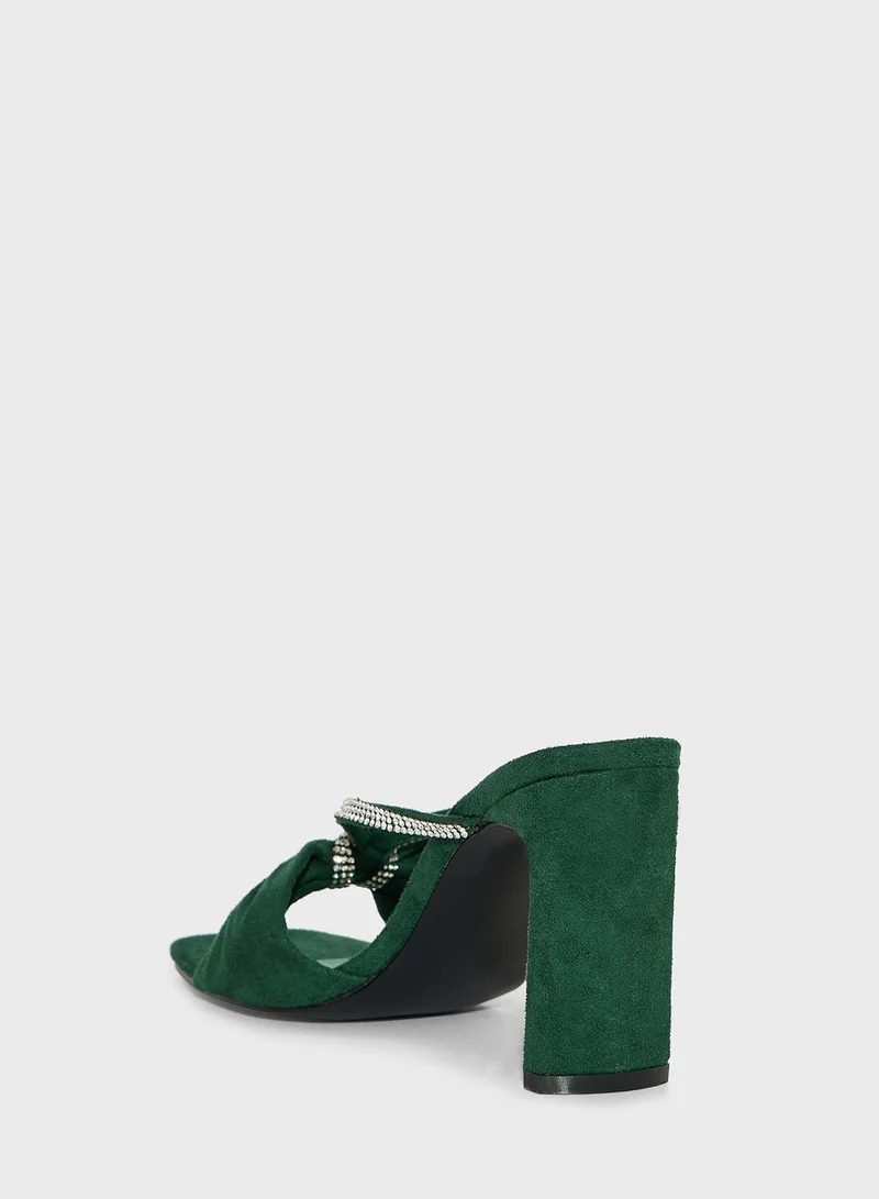 جينجر Rhinestone & Knot Decor Chunky Heeled Sandals