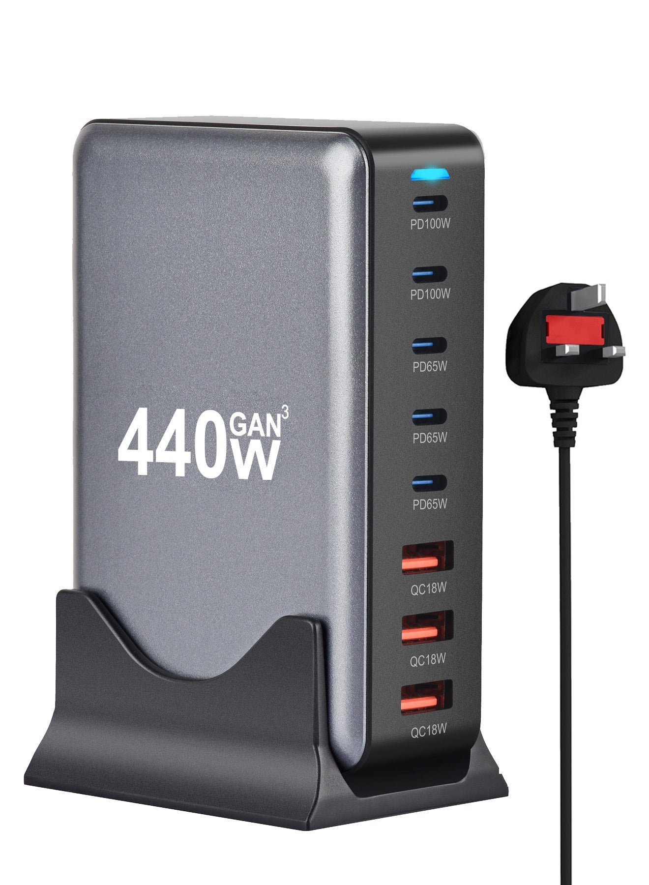 infino 440W Charging Station - 5 Type-C Ports (2x 100W, 3x 65W) and 3 USB-A Ports (QC18W) - GaN Technology - Certified for Macbook, iPhone, Galaxy, iPad, Honor and More
