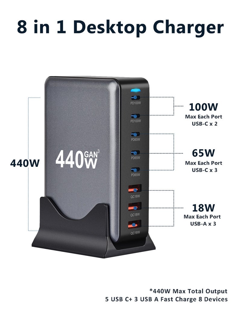 infino 440W Charging Station - 5 Type-C Ports (2x 100W, 3x 65W) and 3 USB-A Ports (QC18W) - GaN Technology - Certified for Macbook, iPhone, Galaxy, iPad, Honor and More  - Image 5