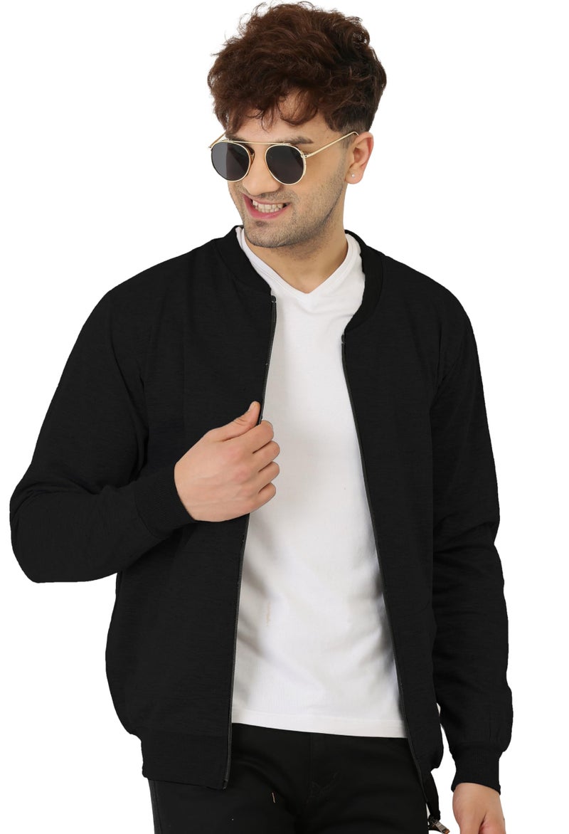 LEOTUDE Men's Full Sleeve Solid Loopknit Regular Fit Bomber Jacket (ZIPPER02_P_BlackColor_XL) - Image 3