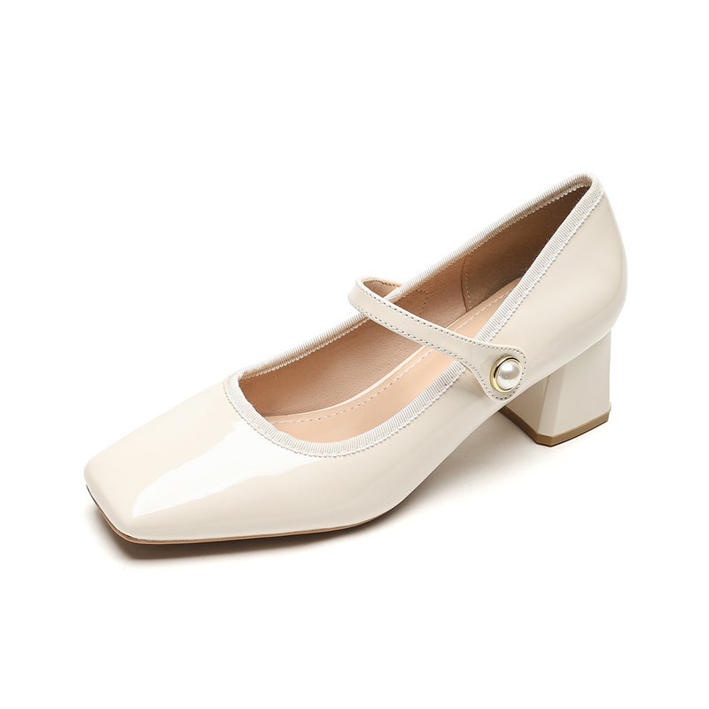 Elegant Square-Toe High Heels Mary Jane Pumps Off-white