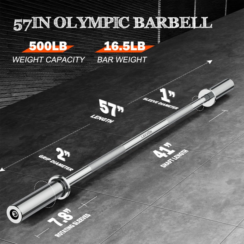 LAVVON 57" Olympic Barbell Bar, 2" Standard Straight Barbell Bars for Weight Lifting Bar for Bench Press/Squats/Hip Thrusts/Lunges/Biceps- Home Gym Weight Bar- 2 Spring Collars(500lb Weight Capacity) - Image 3