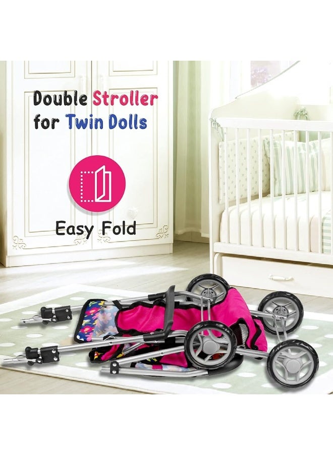 fash n kolor Twin Baby Doll Stroller - Pretend Play Baby Stroller for Dolls - Toy Stroller with Storage Basket for Baby Doll Accessories Set - Flower Design Baby Stroller Toy for Kids - Folds Easily - Image 1