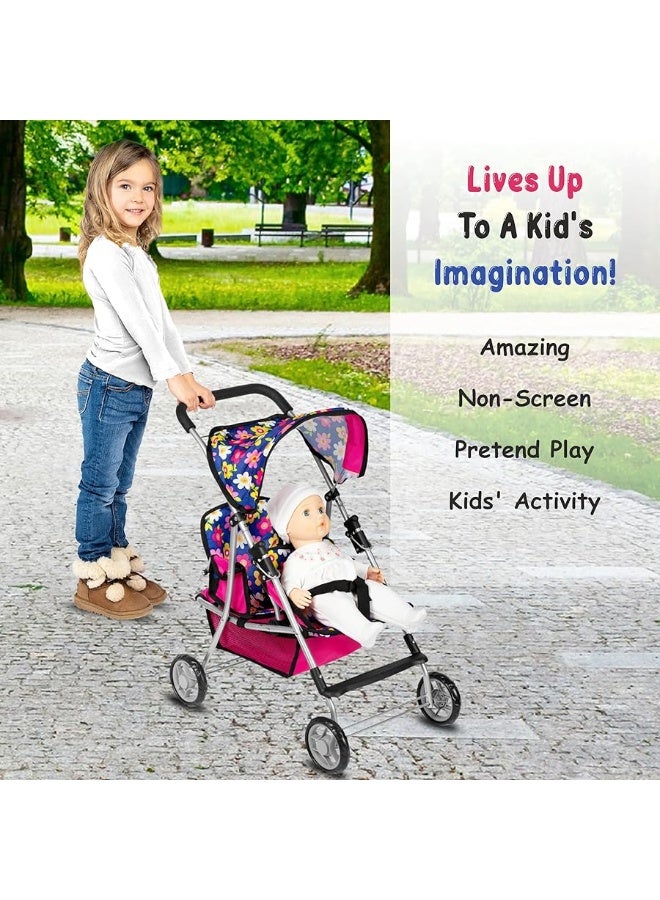 fash n kolor Twin Baby Doll Stroller - Pretend Play Baby Stroller for Dolls - Toy Stroller with Storage Basket for Baby Doll Accessories Set - Flower Design Baby Stroller Toy for Kids - Folds Easily - Image 5