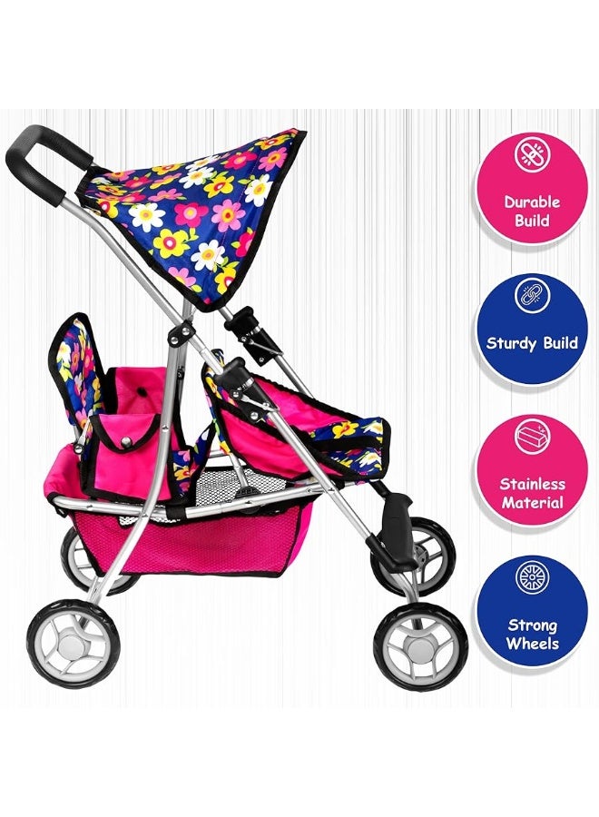 fash n kolor Twin Baby Doll Stroller - Pretend Play Baby Stroller for Dolls - Toy Stroller with Storage Basket for Baby Doll Accessories Set - Flower Design Baby Stroller Toy for Kids - Folds Easily - Image 4