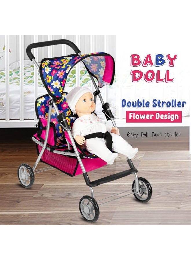 fash n kolor Twin Baby Doll Stroller - Pretend Play Baby Stroller for Dolls - Toy Stroller with Storage Basket for Baby Doll Accessories Set - Flower Design Baby Stroller Toy for Kids - Folds Easily - Image 3