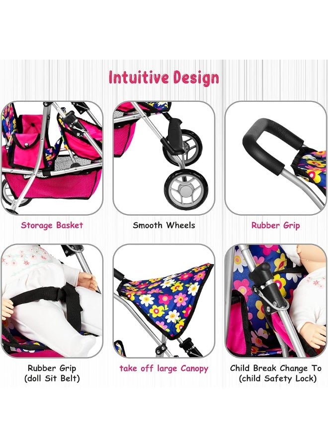fash n kolor Twin Baby Doll Stroller - Pretend Play Baby Stroller for Dolls - Toy Stroller with Storage Basket for Baby Doll Accessories Set - Flower Design Baby Stroller Toy for Kids - Folds Easily - Image 2