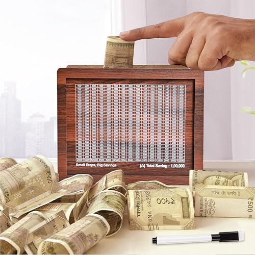 True Flair Wooden Money/Piggy Bank, Money Box, Coin Box with Printed Design for Kids/Children | Savings Challenge Box, Cashbox,Cash Vault Wooden Savings Box,Coin (1,00,000) - Image 1