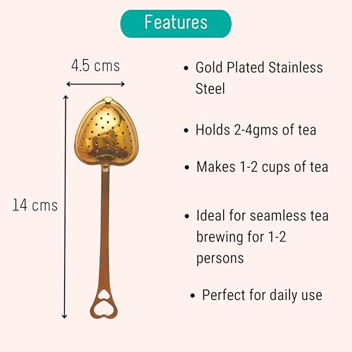 OH CHA - Tea Infuser Stainless Steel, Heart Shaped Golden | Tea Strainer for Everyday Use | BPA Free, Durable | Used as Green Tea Infuser | Tea Filter, Tea Maker | 14cms - Image 3