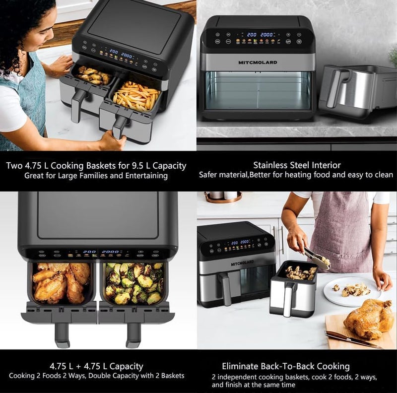 MITCMOLARD Air fryer - Airfryer - Fryers, Air Fryer Stainless Steel, Digital Air Fryer, 9.5 L, Up to 200°C, Electric Air Fryer Dual Zone, 2400 w Rapid Air Fryers, 8 Preset Programs, - Image 3