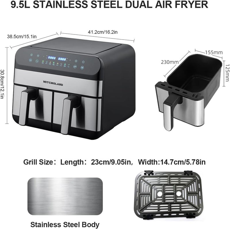 MITCMOLARD Air fryer - Airfryer - Fryers, Air Fryer Stainless Steel, Digital Air Fryer, 9.5 L, Up to 200°C, Electric Air Fryer Dual Zone, 2400 w Rapid Air Fryers, 8 Preset Programs, - Image 2