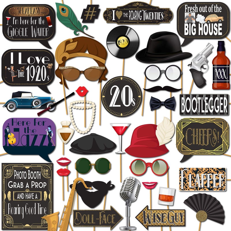 Roaring 20s Photo Booth Props  41pc Photo Booth Kit with 8 x 10Inch Sign 60 Adhesive Pads 45 Sticks  Roaring 20s Party Decorations  Great Gatsby Decorations
