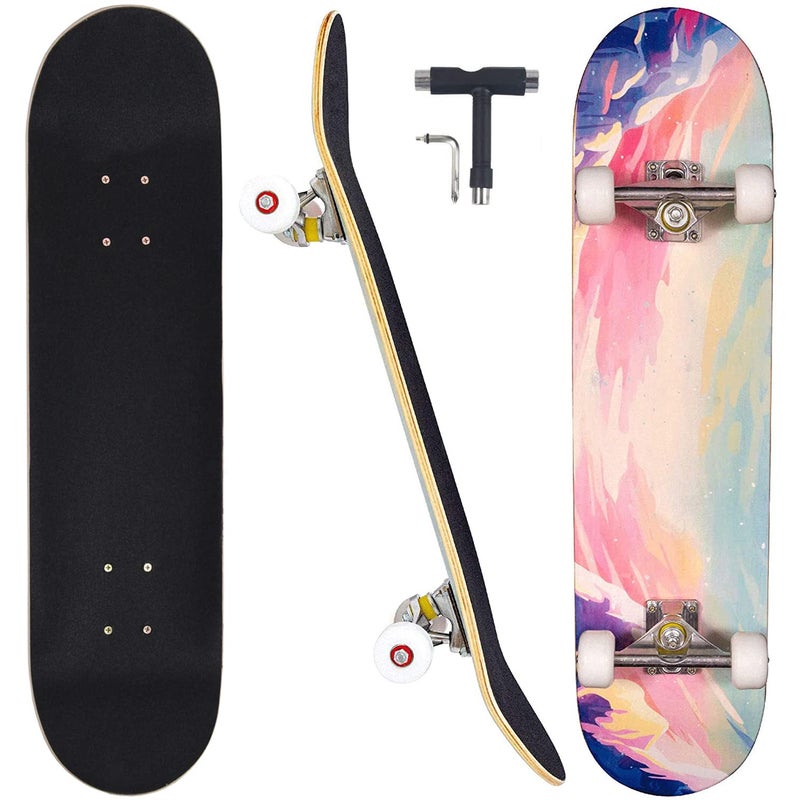 CAPARK Skateboards for Beginners Adults Youths Teens Kids Girls Boys 31 Inch Pro Complete Skate Boards 7 Layer Canadian Maple Double Kick Concave Longboards (Ocean) - Image 1