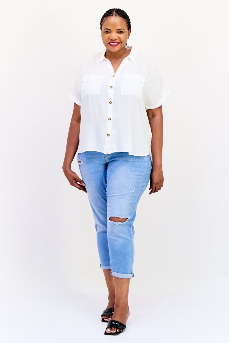 VERO MODA قميص تونك قصير الأكمام بياقة مفتوحة للنساء، أبيض - Image 4