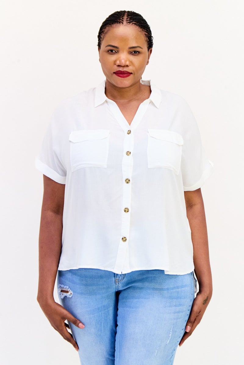 VERO MODA قميص تونك قصير الأكمام بياقة مفتوحة للنساء، أبيض - Image 1