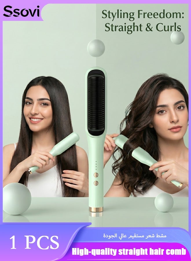 Ssovi 2-in-1 Hair Straightener Brush for Women, 20s Fast Heating Ceramic Electric Straightening Comb, Anti-Scald Anti-Frizz Heated Styler (Mint Green) - Image 1