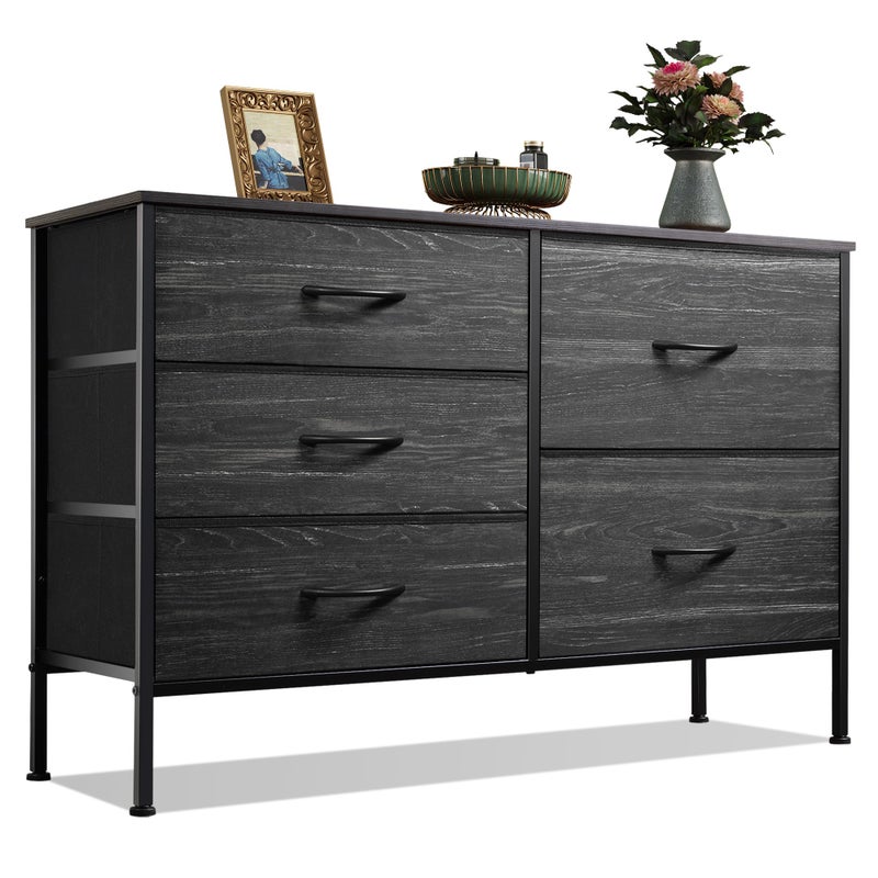 WLIVE Dresser for Bedroom with 5 Drawers Wide Dressers with Drawer Organizers Chest of Drawers Fabric Dresser for Living Room Closet Hallway Charcoal Black Wood Grain Print