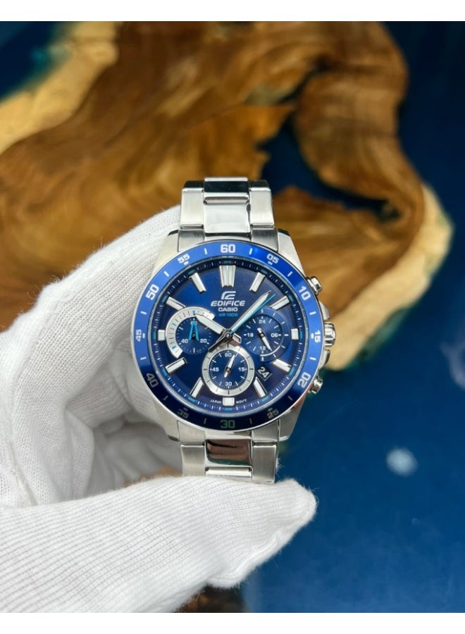 Casio Edifice EFV-570D-2AVUDF Men's Chronograph Watch, Blue Dial, Stainless Steel Band, 100M Water Resistant - Image 4