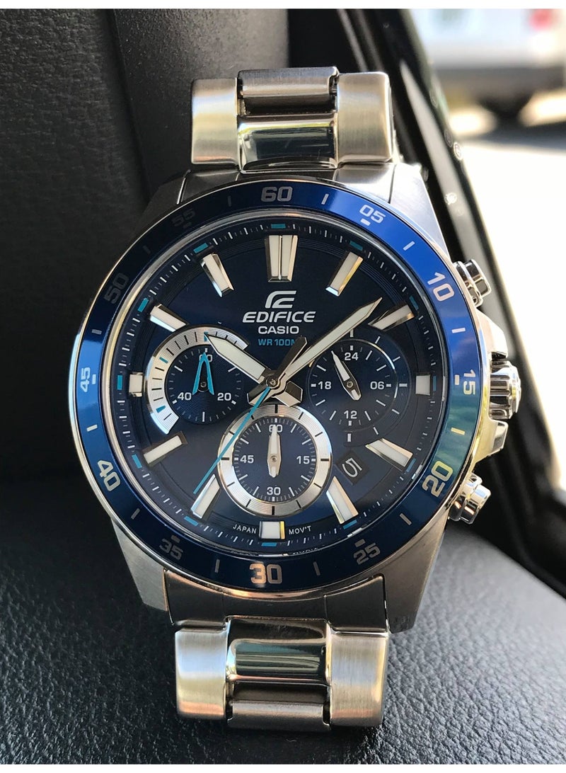 Casio Edifice EFV-570D-2AVUDF Men's Chronograph Watch, Blue Dial, Stainless Steel Band, 100M Water Resistant - Image 2