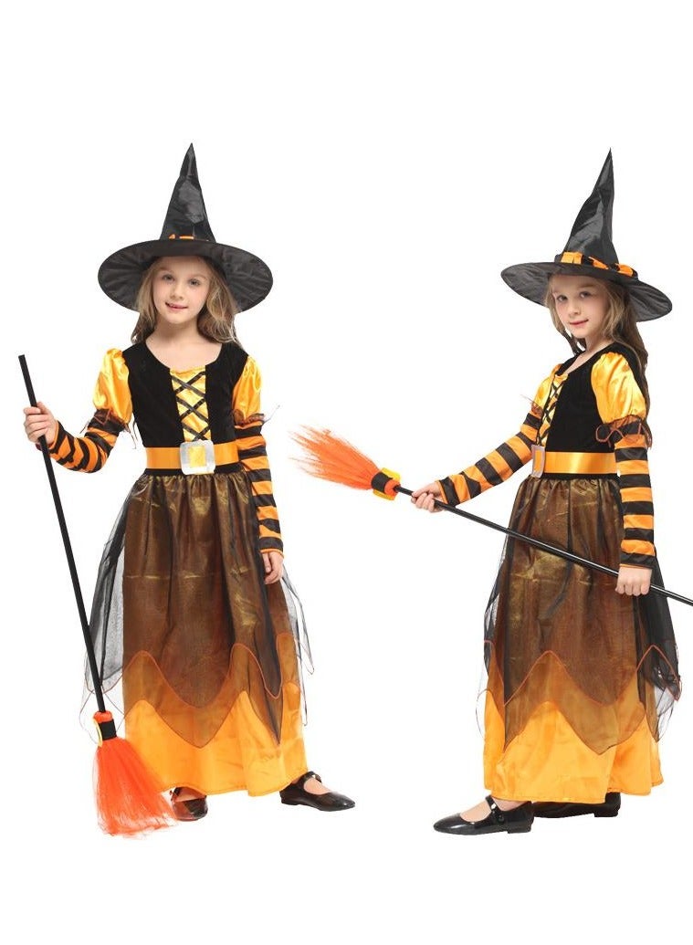 Golden Witch Costume Girls Witch Dress Princess Skirt with Hat Role Playing Set Suitable for Party, Carnival, Masquerade, Size XL Suitable for Height 130-140cm (Yellow) - Image 3