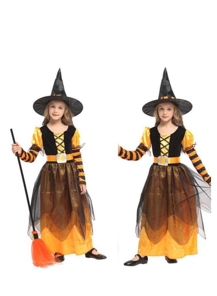 Golden Witch Costume Girls Witch Dress Princess Skirt with Hat Role Playing Set Suitable for Party, Carnival, Masquerade, Size XL Suitable for Height 130-140cm (Yellow) - Image 4