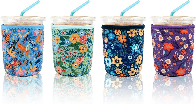 KJQJLY 4 Pack Iced Coffee Sleeve,reusable Neoprene Cup Sleeves Suitable For Beverage Sleeves For Hot And Cold Coffee Or Ice Drink Coffee cup sleeve for Starbucks coffee cup (flowers 16-20 OZ) - Image 1