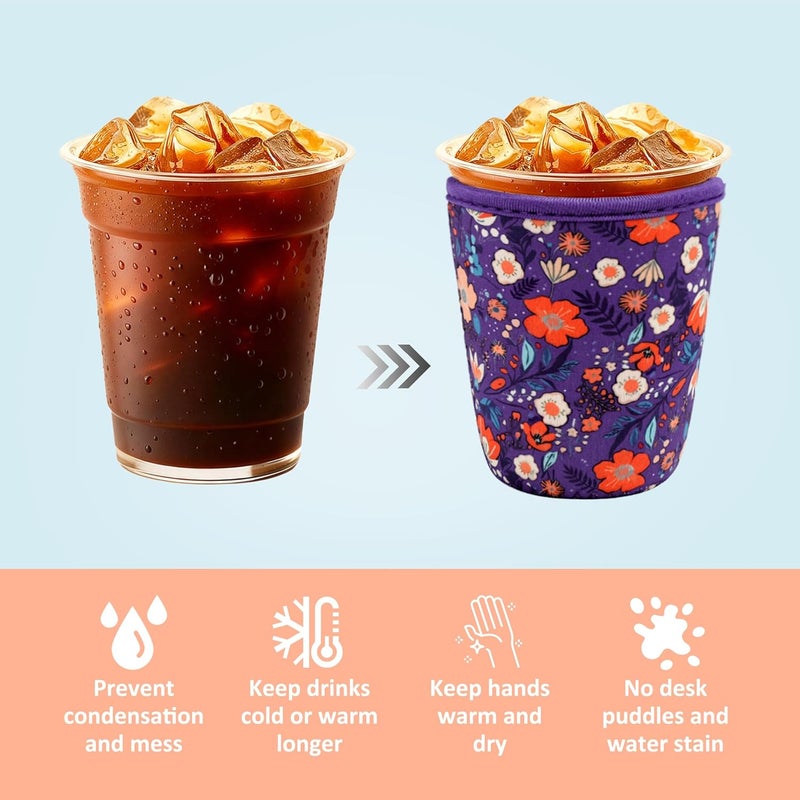 KJQJLY 4 Pack Iced Coffee Sleeve,reusable Neoprene Cup Sleeves Suitable For Beverage Sleeves For Hot And Cold Coffee Or Ice Drink Coffee cup sleeve for Starbucks coffee cup (flowers 16-20 OZ) - Image 4
