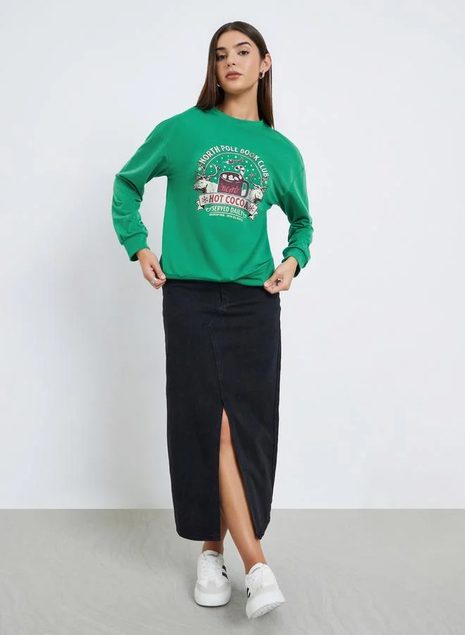 Take Two Take Two Green Regular Fit Graphic Print Sweatshirt
