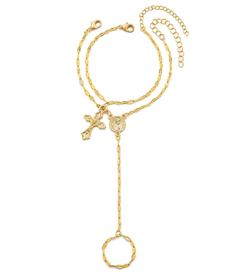 Nackiy 14K Gold Plated Hand Chain Bracelet with Ring, Dainty Cubic Zircon Finger Bracelet, Adjustable Cuff Body Jewelry Gifts for Women(Cross) - Image 1