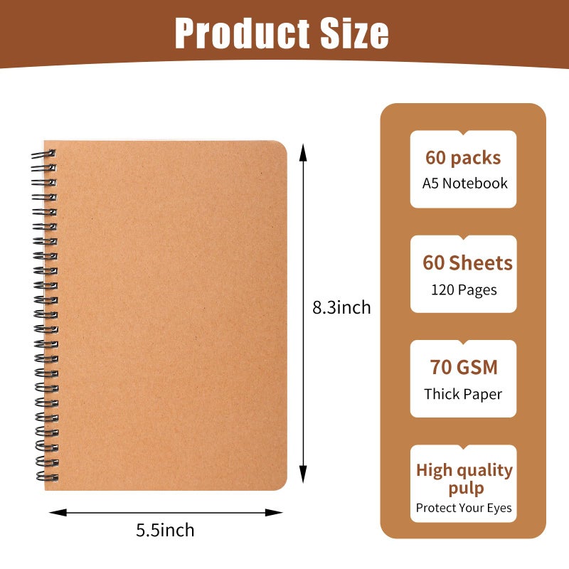 miikoul 60 Packs A5 Spiral Lined Notebooks, Kraft Paper Cover, 8.3"Ã—5.5", 60 Sheets/120 Pages, Ruled Notebooks Bulk, Hardcover Journal Notepad Travel Notebooks for Office and Back to School Supplies - Image 2