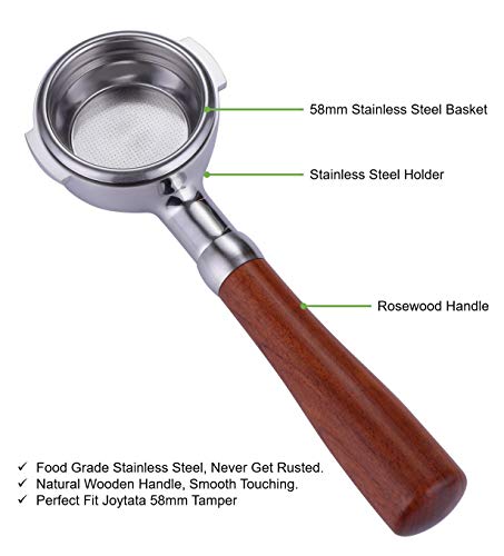 Joytata 58mm Bottomless Portafilter Fits E61 Grouphead Espresso Machine Stainless Steel Naked Portafilter Along with Espresso Filter Basket Coffee Bottomless Handle-Wooden - Image 5