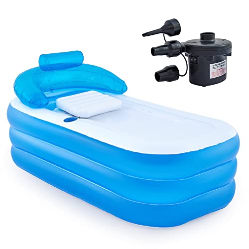 COZ Inflatable Bathtub with Electric Air Pump and Bath Pillow Headrest Portable Blow Up Tub for Adults Outdoor or Indoor Freestanding Foldable Spa Cover Drainage Hose Cup Holder