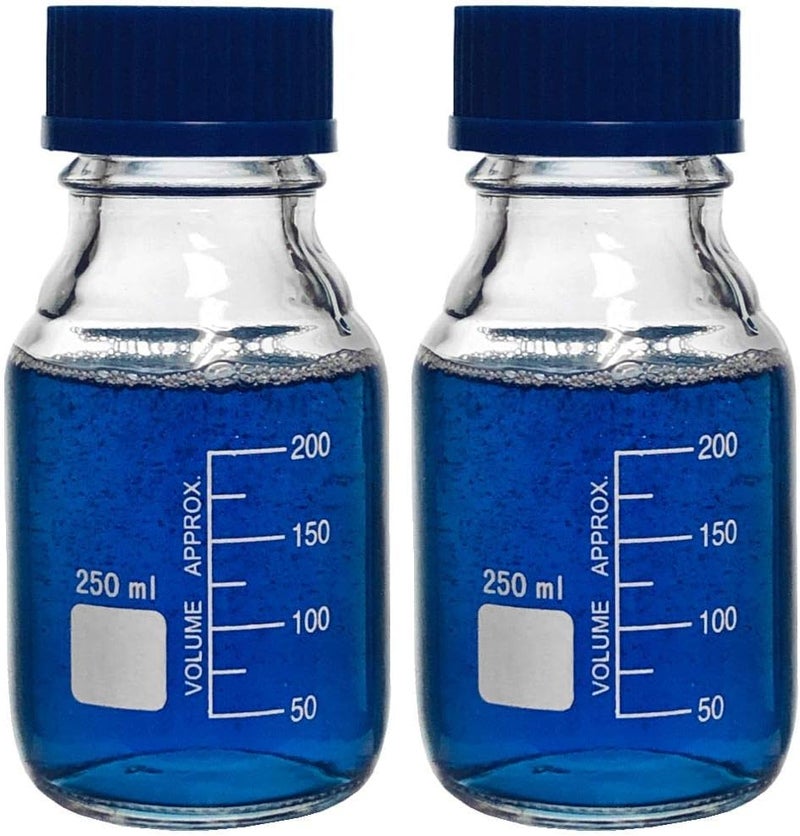 Karter Scientific 250ml Glass Round Media Storage Bottles with GL45 Screw Cap, Borosilicate Glass, 251L3 (Pack of 2), Blue - Image 1
